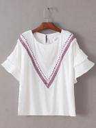 Shein White Bell Sleeve Embroidery Blouse