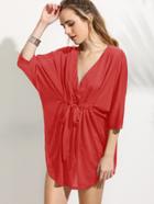 Shein Red V Neck Drawstring Waist Batwing Dress