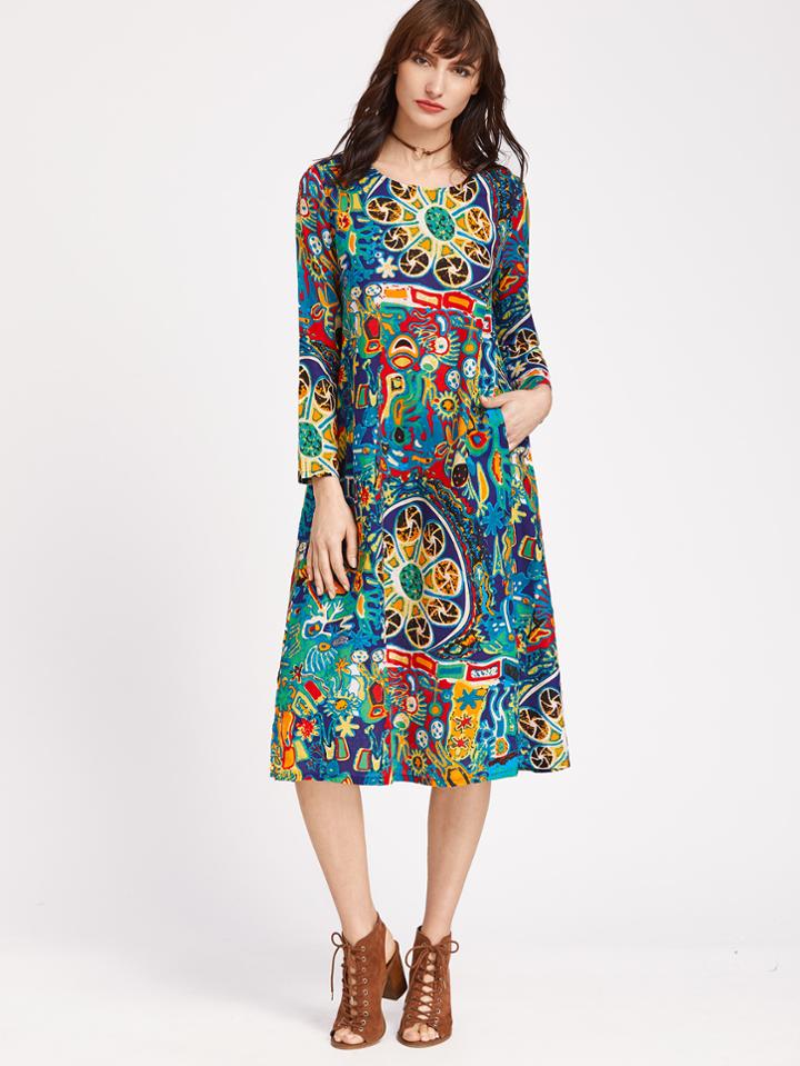 Shein Multicolor Graffiti Print Shift Dress With Pockets