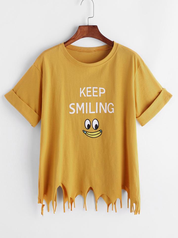 Shein Cartoon Print Asymmetric Raw Hem Cuffed T-shirt
