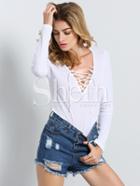 Shein White Long Sleeve Deep V Neck Lace Up T-shirt