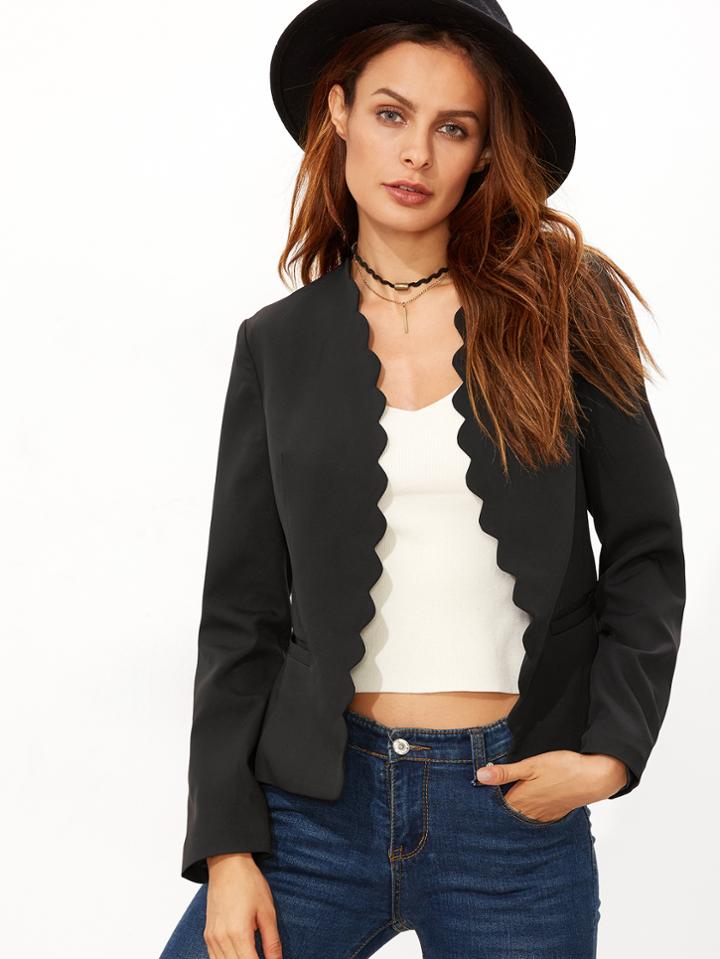 Shein Black Scallop Trim Blazer With Welt Pocket