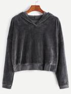 Shein Dark Grey Hooded Drop Shoulder Crop Velvet Sweatshirt
