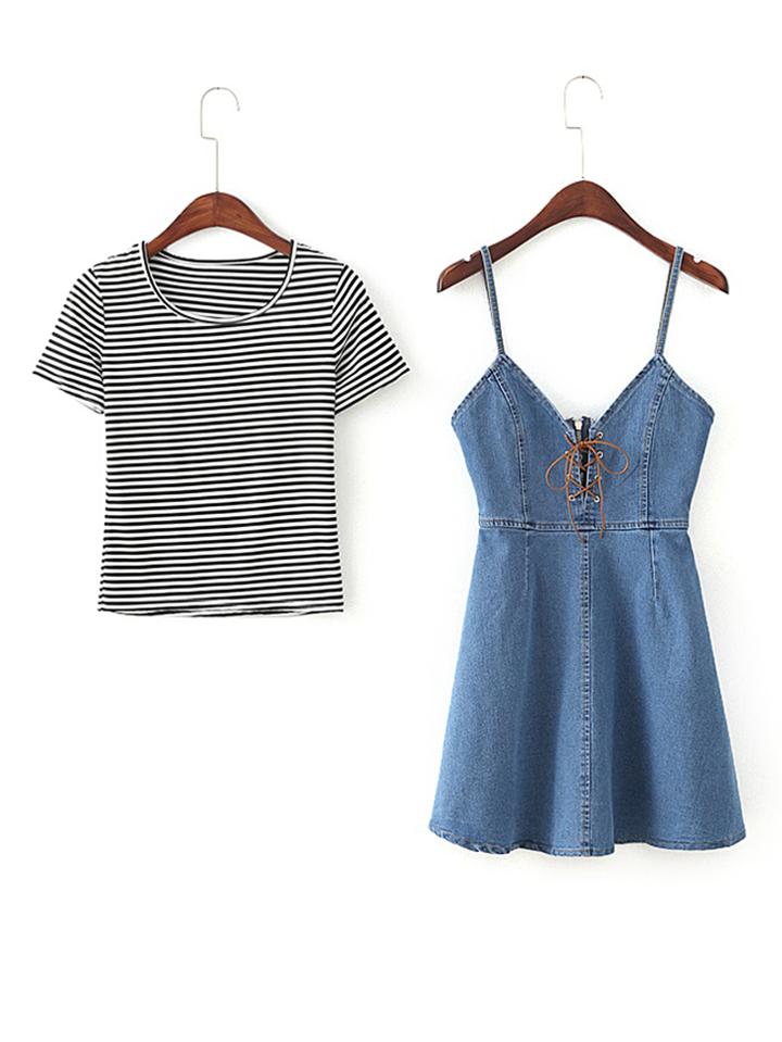 Shein Contrast Striped Tee With Denim Cami Dress