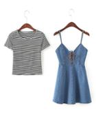 Shein Contrast Striped Tee With Denim Cami Dress