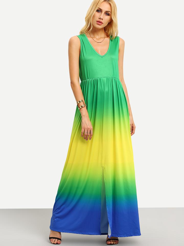 Shein V-neck Slit Front Ombre Dress