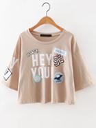 Shein Khaki Drop Shoulder Stamp Patch T-shirt