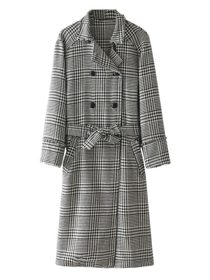 Shein Double Breasted Self Tie Houndstooth Coat