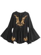 Shein Bell Sleeve Drawstring Waist Embroidery Romper
