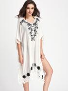 Shein Tassel Trim Hanky Hem Slit Embroidered Batwing Top