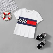 Shein Girls Plaid Panel Cut And Sew Tee