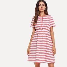 Shein Zip Half Placket Elastic Waist Striped Dress