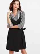 Shein Black Spaghetti Strap Wrap Dress With Striped Blouse