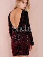 Shein Wine Red Long Evening Sleeve Sequined Glitzy Backless Dress