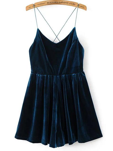 Shein Teal Spaghetti Strap Cross Back Velvet Romper