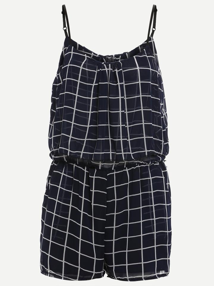Shein Navy Grid Spaghetti Strap Chiffon Romper
