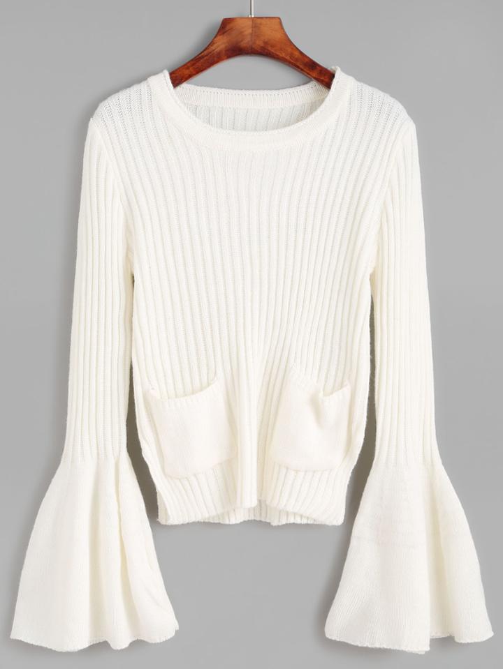Shein White Ribbed Knit Dual Pocket Front Bell Cuff Sweater