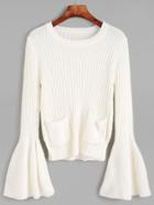 Shein White Ribbed Knit Dual Pocket Front Bell Cuff Sweater