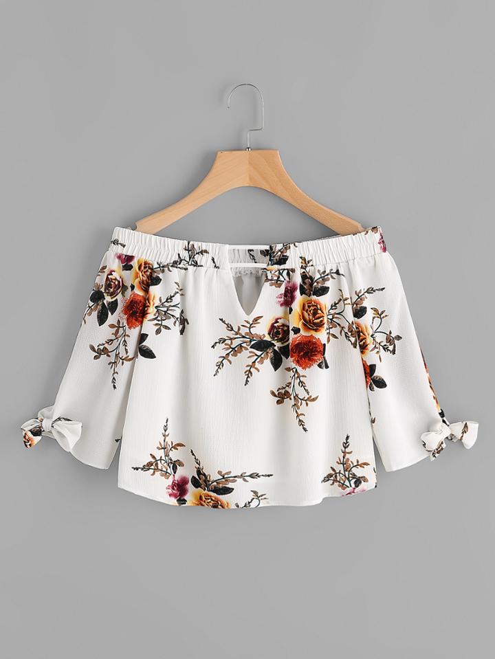 Shein V Cut Tie Cuff Florals Bardot Top