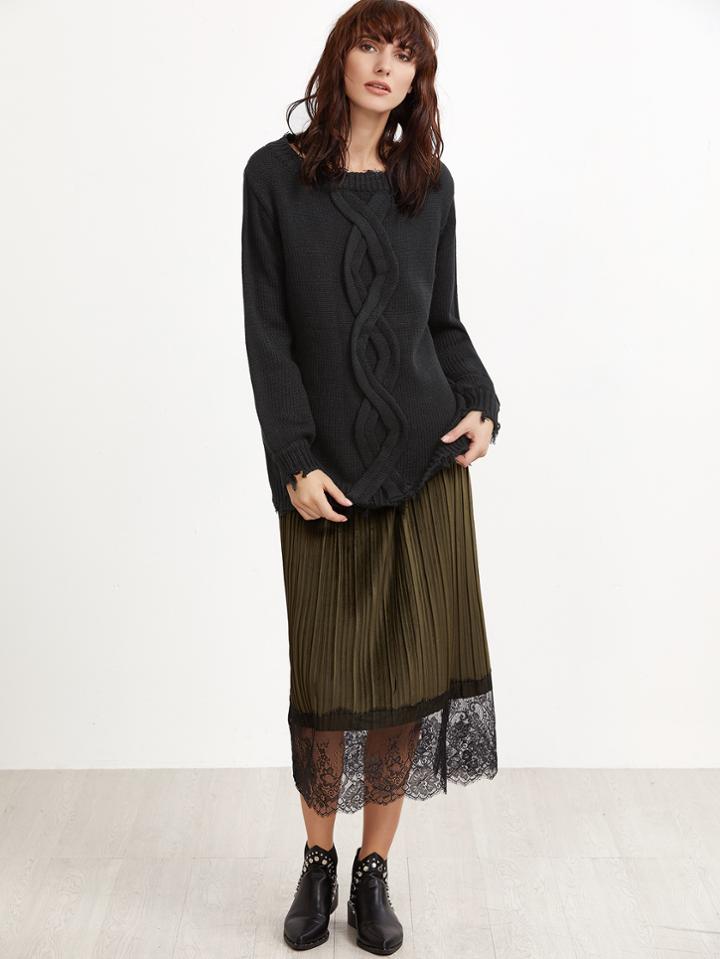 Shein Black Frayed Cable Pattern Sweater