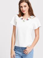 Shein Heart Embroidery Cut Out Neck Tee