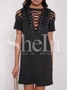 Shein Black Lace Up Neck And Sholder Shift Dress