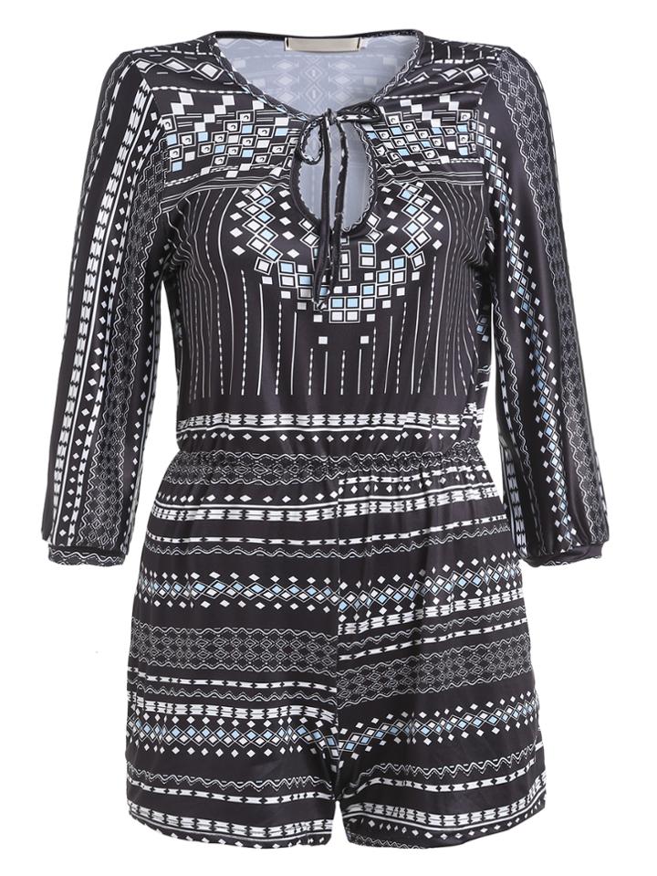 Shein Black Geometric Print Tie Front Keyhole Romper