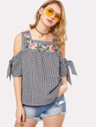 Shein Cold Shoulder Embroidery Plaid Blouse