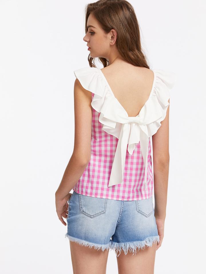 Shein Contrast Ruffle Collar Bow Back Checkered Top