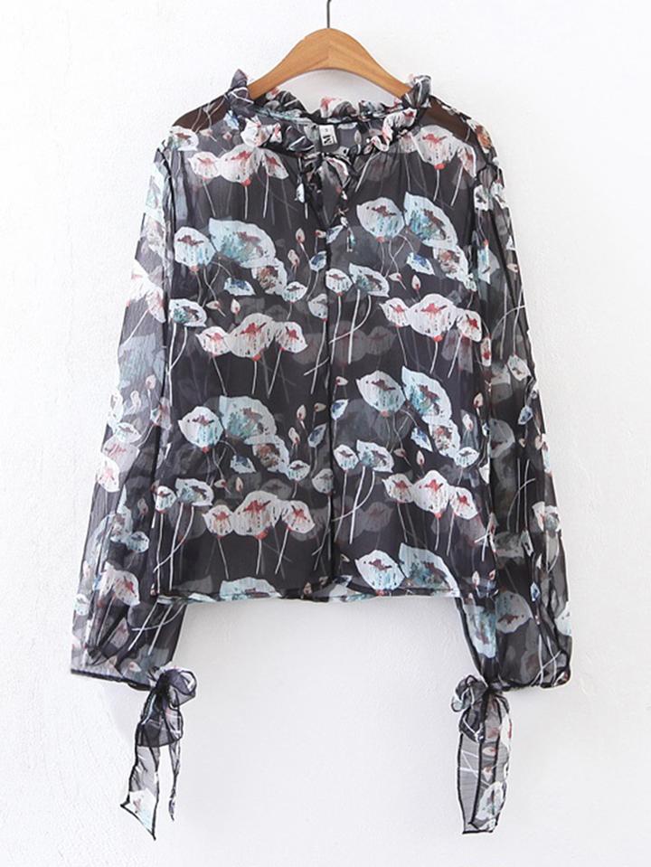 Shein Ruffle Collar Tie Cuff Chiffon Blouse