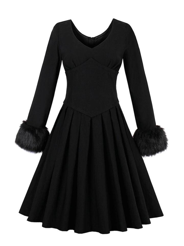 Shein Faux Fur Contrast Cuff Pleated Dress
