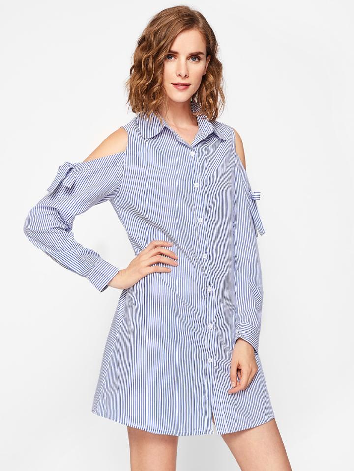 Shein Open Shoulder Tie Detail Vertical Striped Shirt Dress
