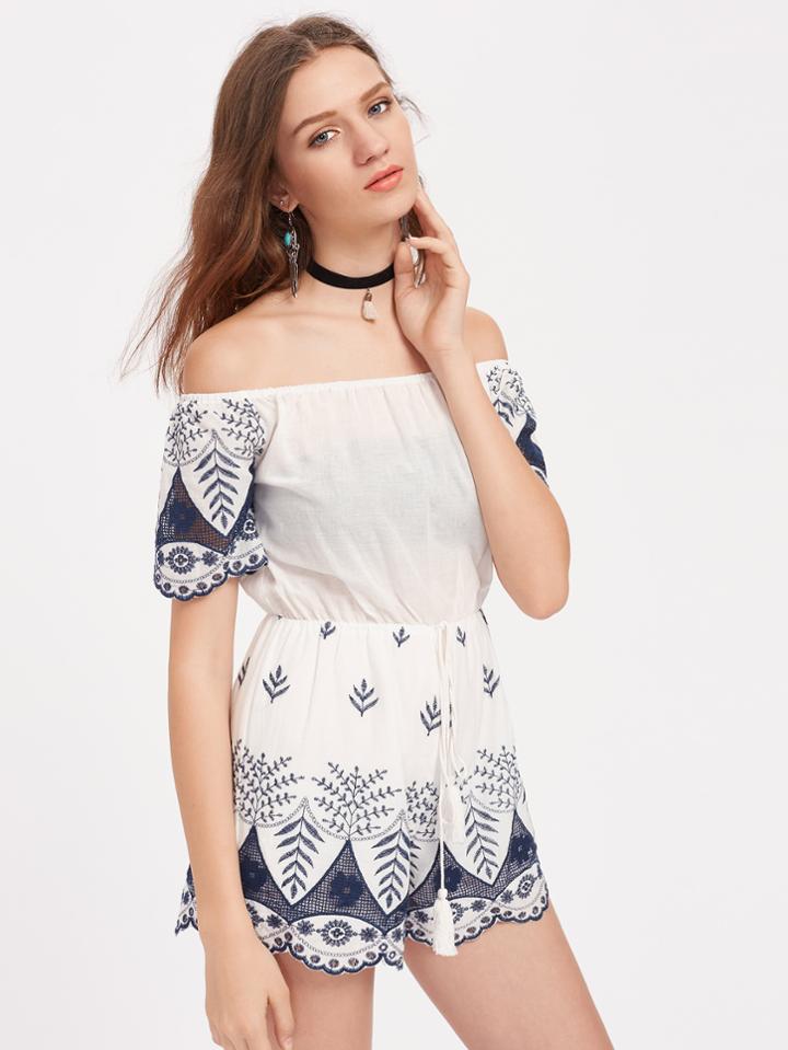 Shein Tasseled Drawstring Waist Embroidery Playsuit