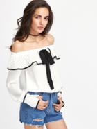 Shein Tie Front Binding Eyelet Frill And Cuff Bardot Top