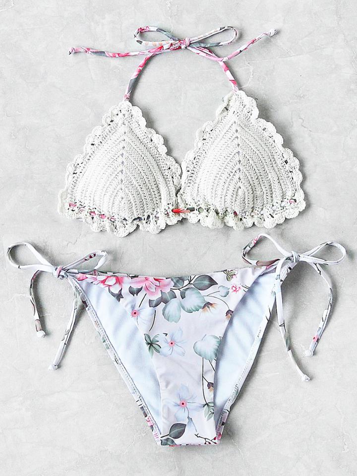 Shein Flower Print Mix And Match Crochet Bikini Set