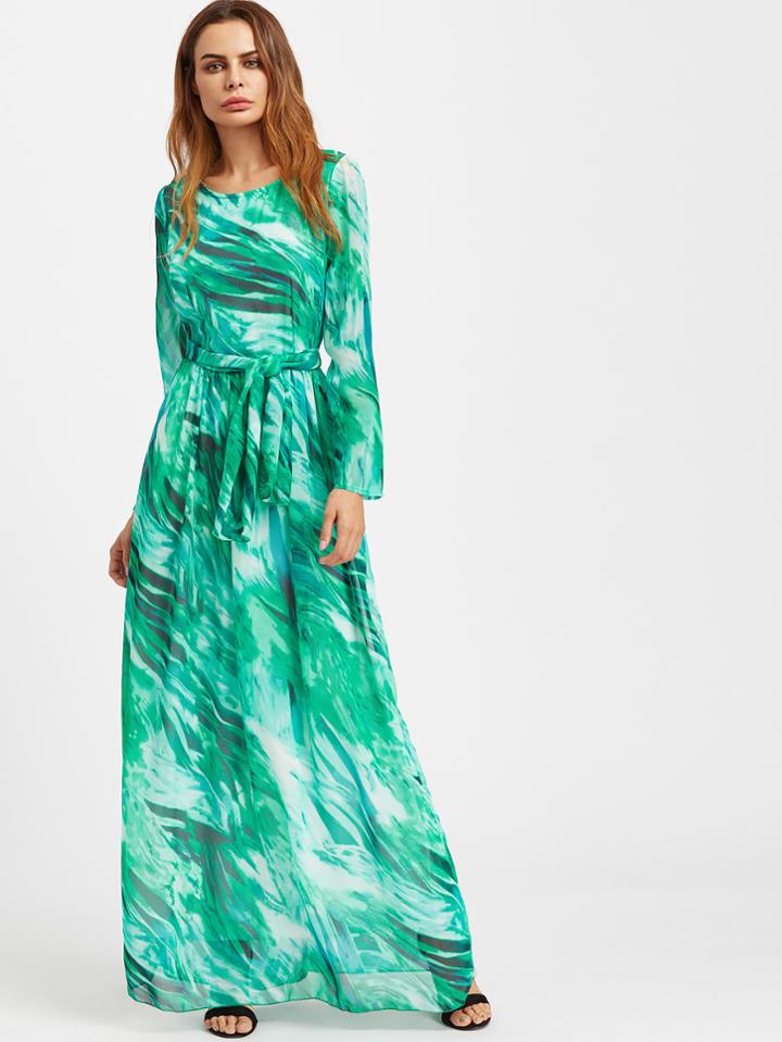 Shein Palm Leaf Print Zipper Back Self Tie Maxi Dress