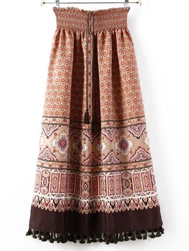 Shein Khaki Drawstring Tassel Tribal Print Skirt