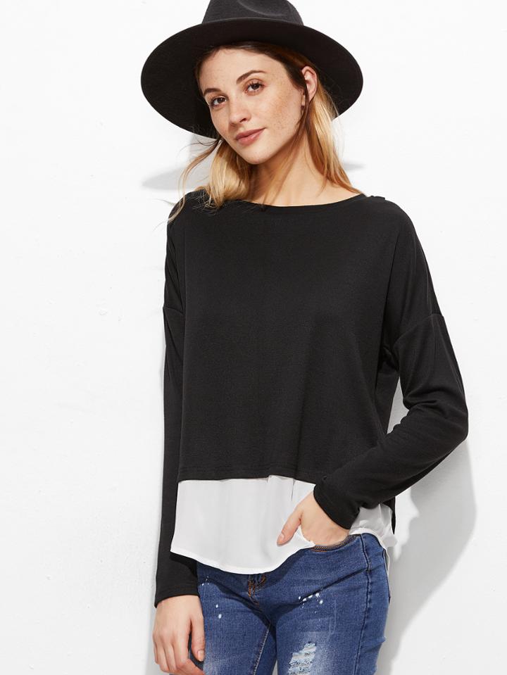 Shein Black Contrast Trim Split Back T-shirt