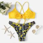 Shein Criss Cross Random Plaid & Floral Bikini Set