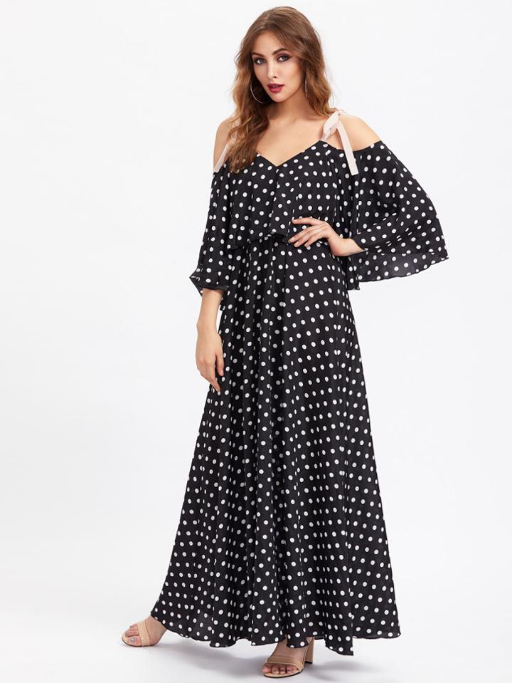 Shein Ribbon Tie Shoulder Double Layer Polka Dot Dress