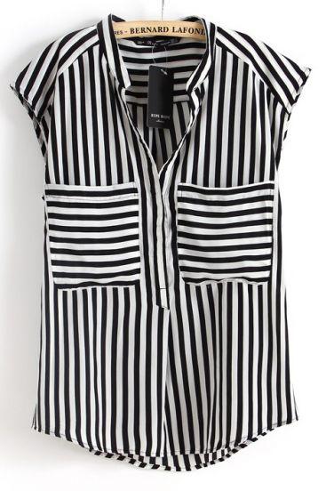 Shein Black White Vertical Stripe Short Sleeve Chiffon Blouse
