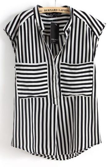 Shein Black White Vertical Stripe Short Sleeve Chiffon Blouse