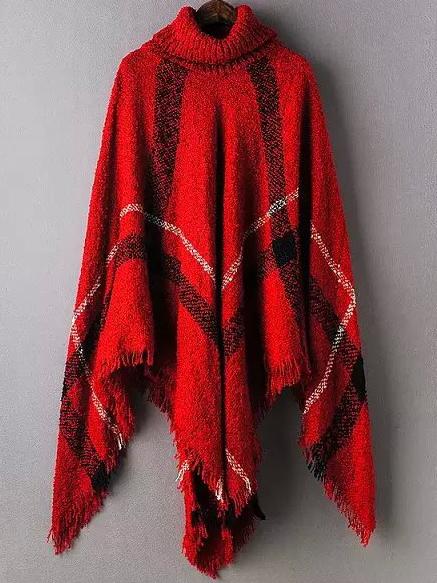 Shein Red High Neck Plaid Tassel Cape