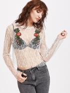 Shein White Sheer Lace Appliques Top