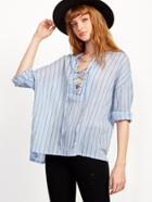 Shein V Cut Lace Up Vertical Striped Blouse
