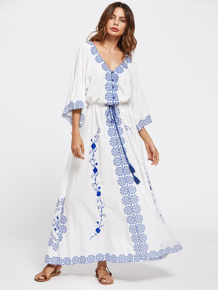 Shein Flower Embroidered Tasseled Tie Waist Kimono Sleeve Dress