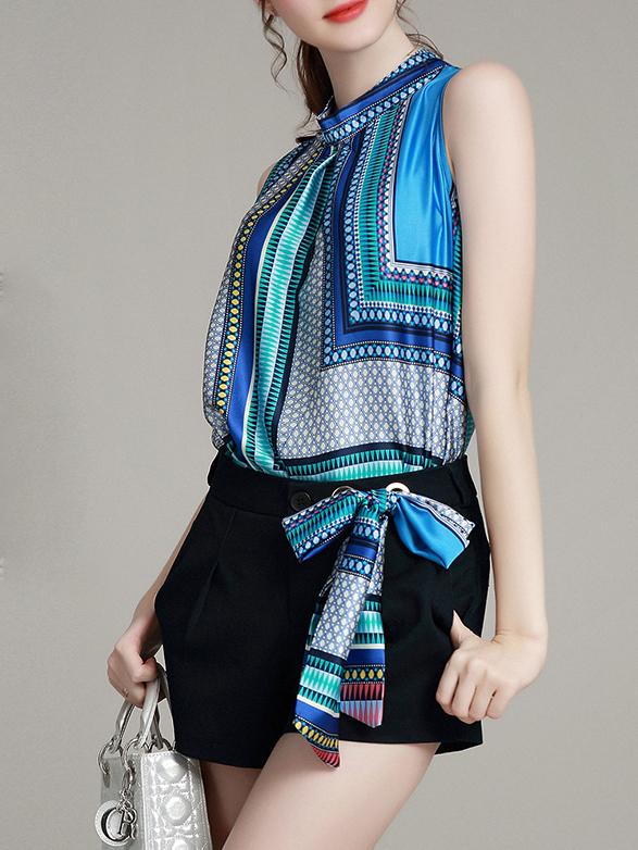 Shein Blue Color Block Top With Bowtie Shorts