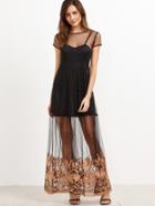 Shein Black Embroidered Tape Sheer Dress With Cami