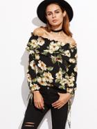 Shein Black Flower Print Ruffle Off The Shoulder Tie Sleeve Top