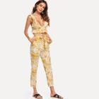Shein Ruffle Detail Tropical Top And Belted Pants Set